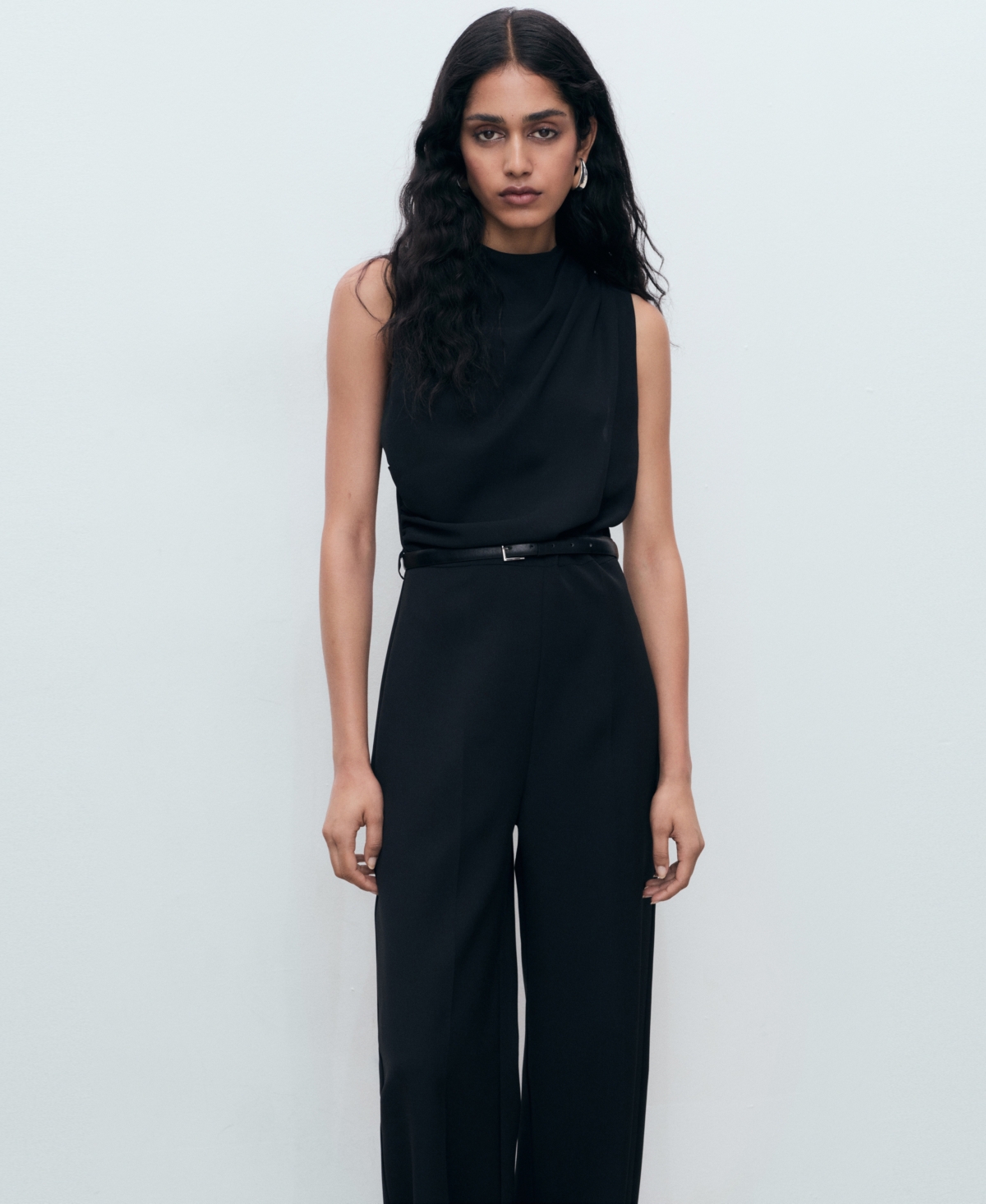Mango Women's Draped Neck And Belt Long Jumpsuit In Black