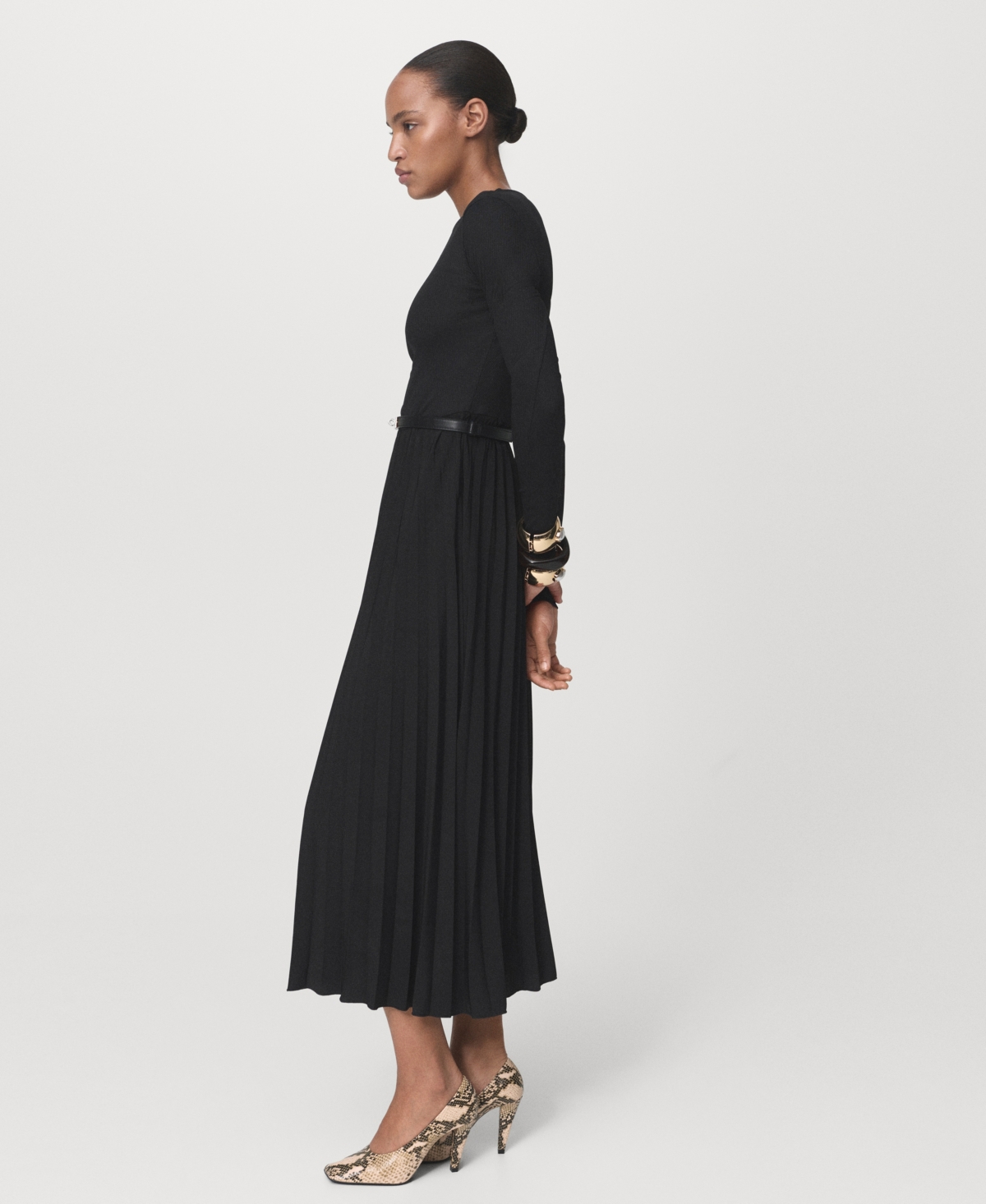 Mango Pleated Belted Maxi Dress In Black
