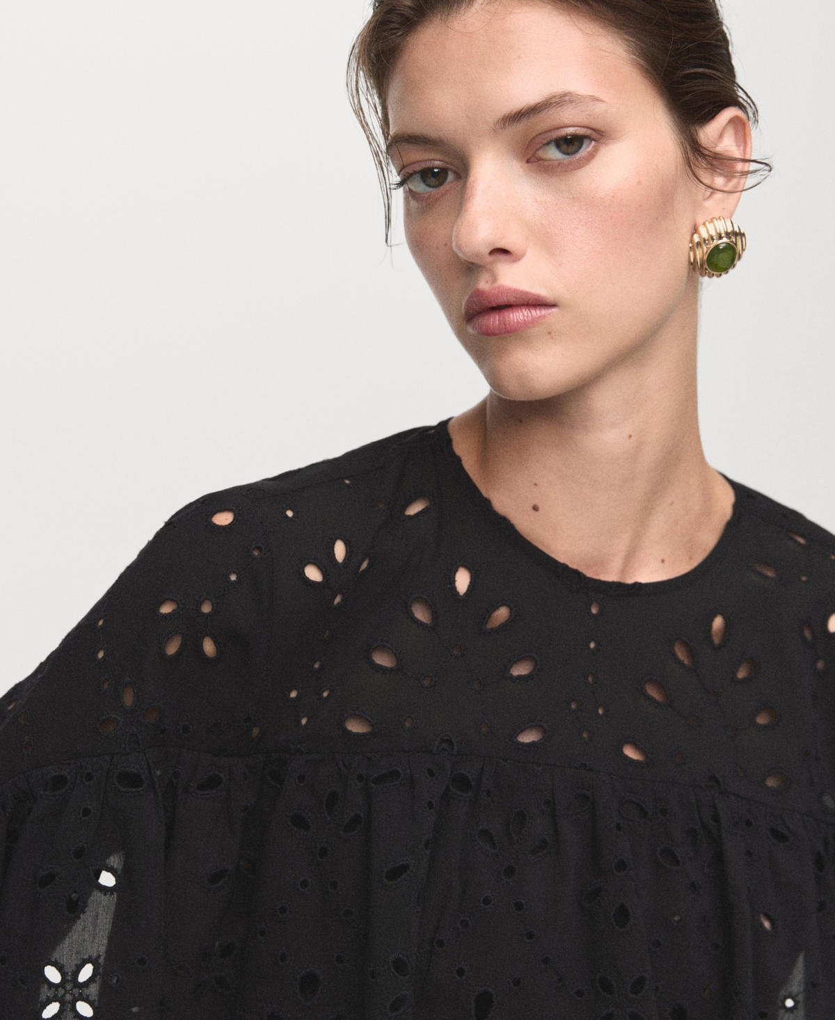 Mango Blouse With Perforated Embroidery And Ruffles Black In Black