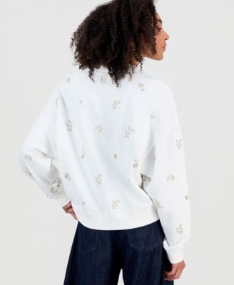 Women's Embellished Embroidered Cotton Crewneck Sweatshirt