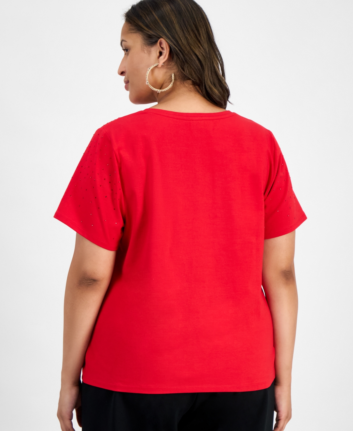 Inc International Concepts Plus Size V-neck Rhinestone-embellished Top, Macy's Exclusive In Red