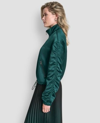 Women's Mock Neck Ruched Cropped Bomber Jacket