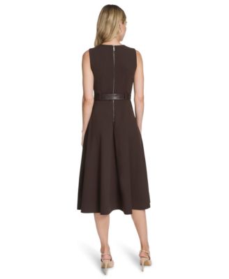 Women's Belted Crewneck Midi Dress