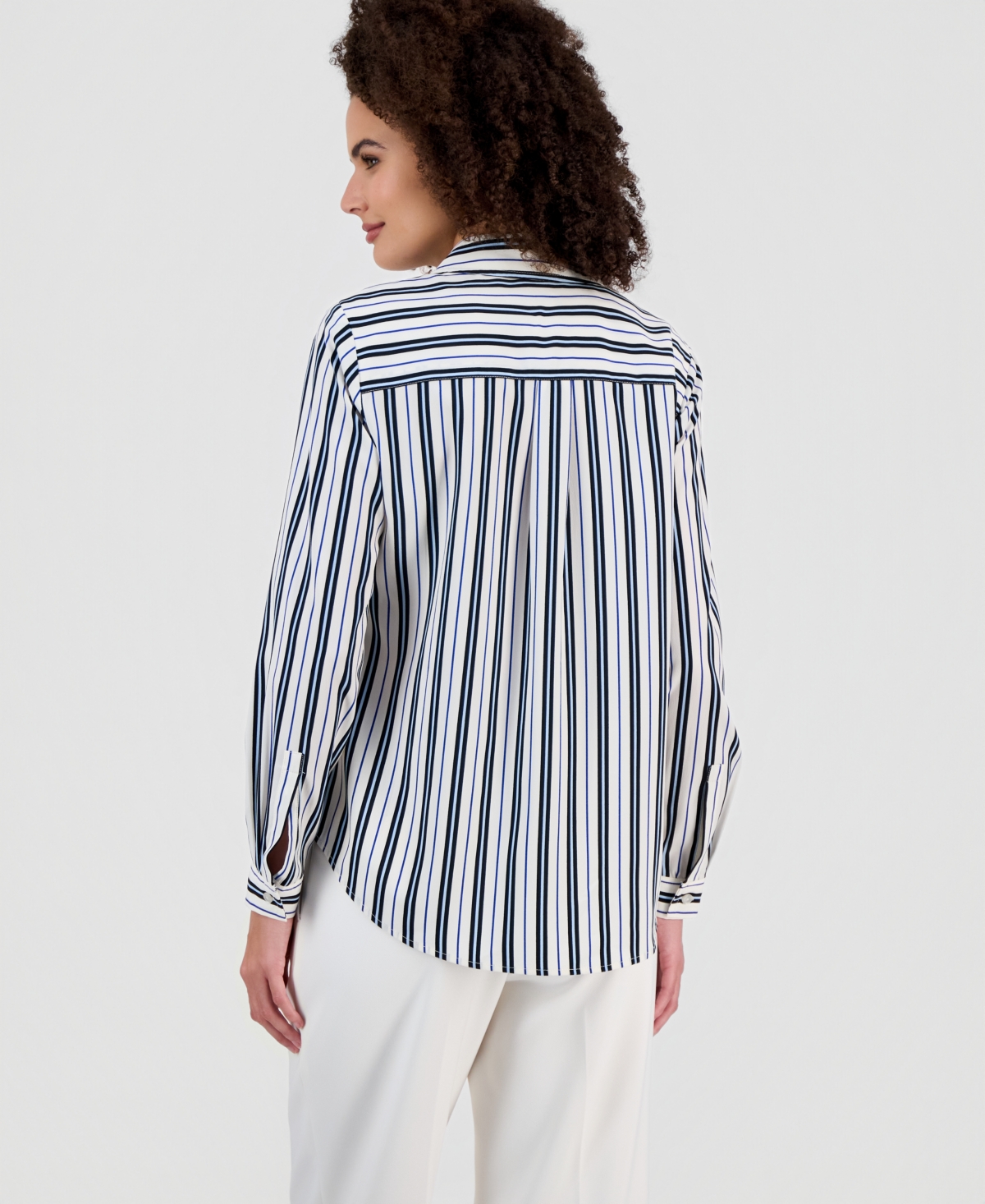 Ak Anne Klein Petite Stripe Slim-fit Long-sleeve Shirt In Blue