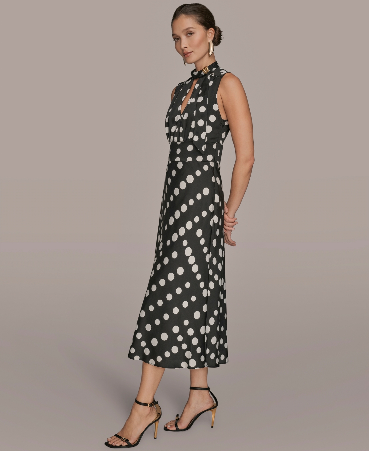 Donna Karan Women's Dot-print Tie-neck A-line Dress In Black
