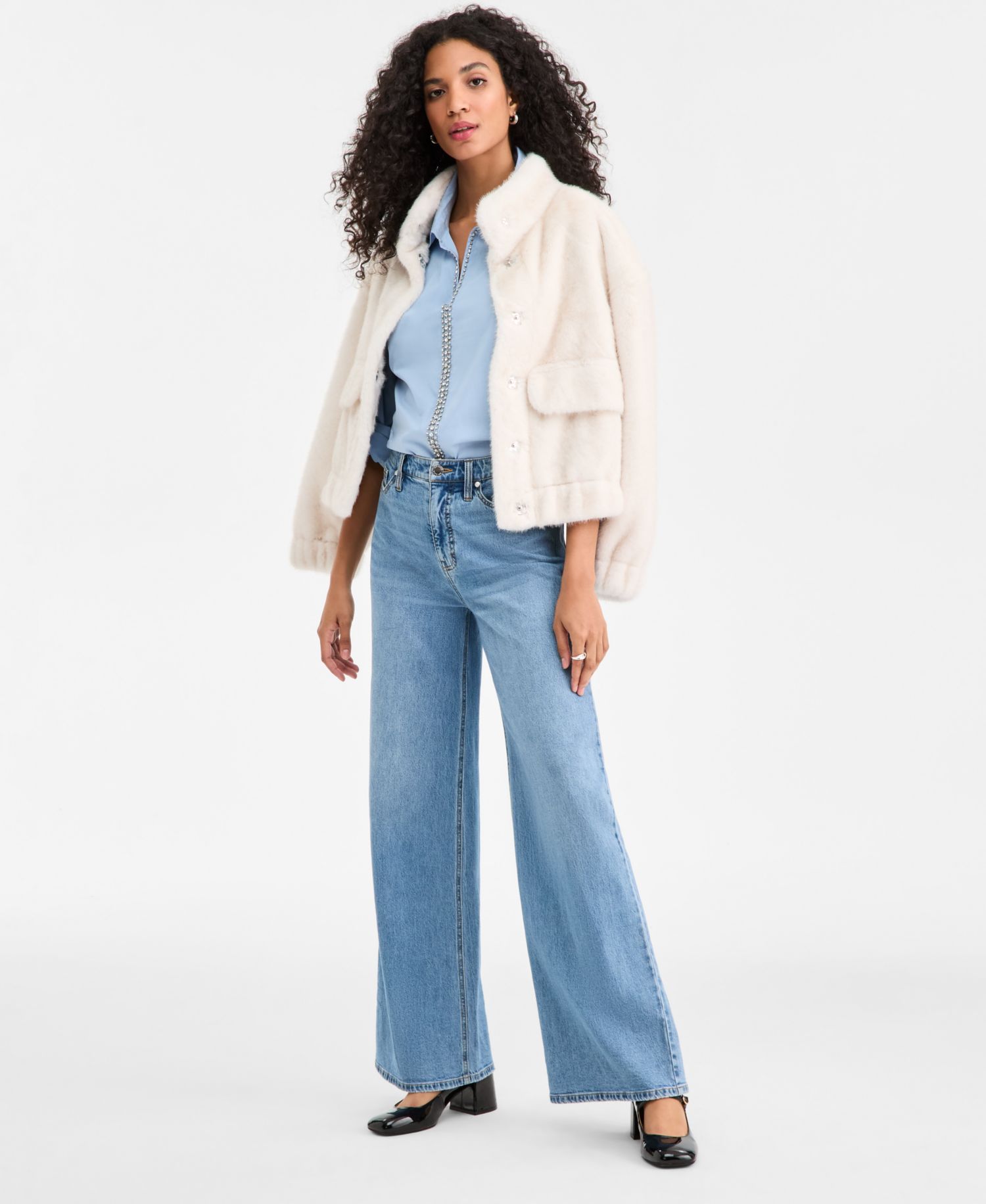 Women's Woven Solid Faux-Fur Bomber Jacket