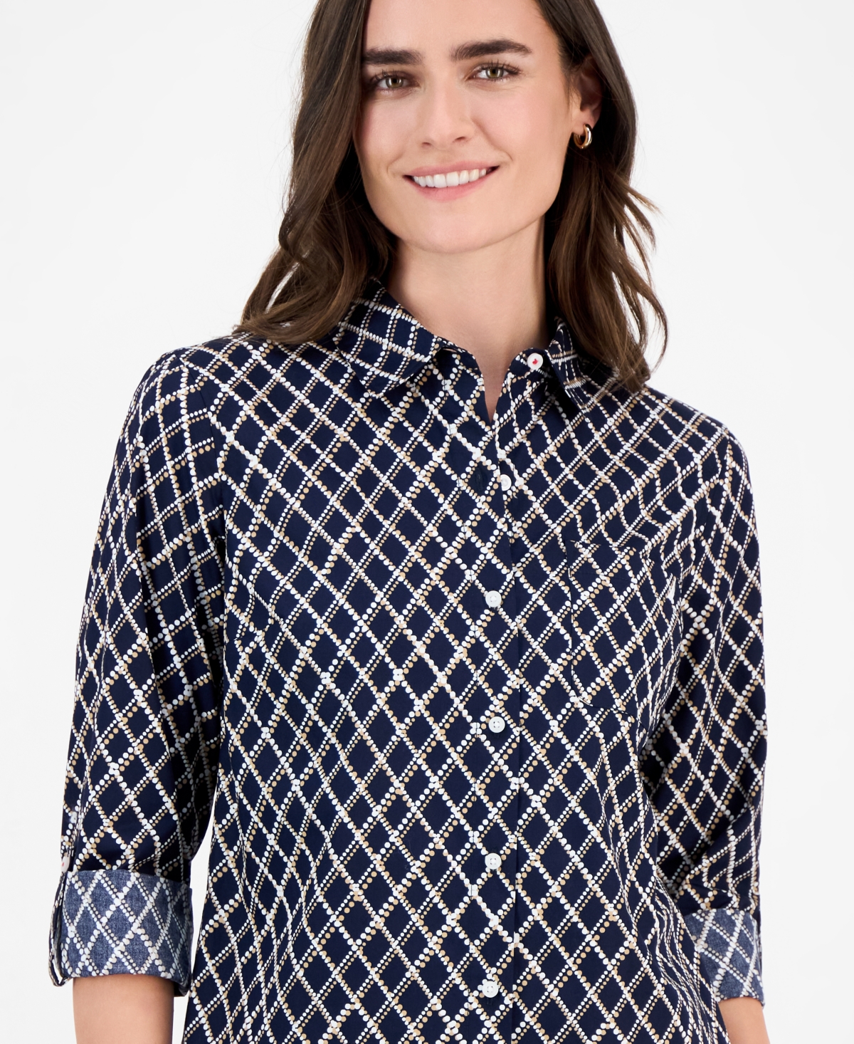 Nautica Jeans Women's Cotton Argyle Dot Roll-tab Shirt In Multi