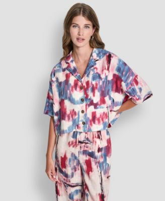 DKNY - Women's Printed Short Sleeves Convertible Collar Top