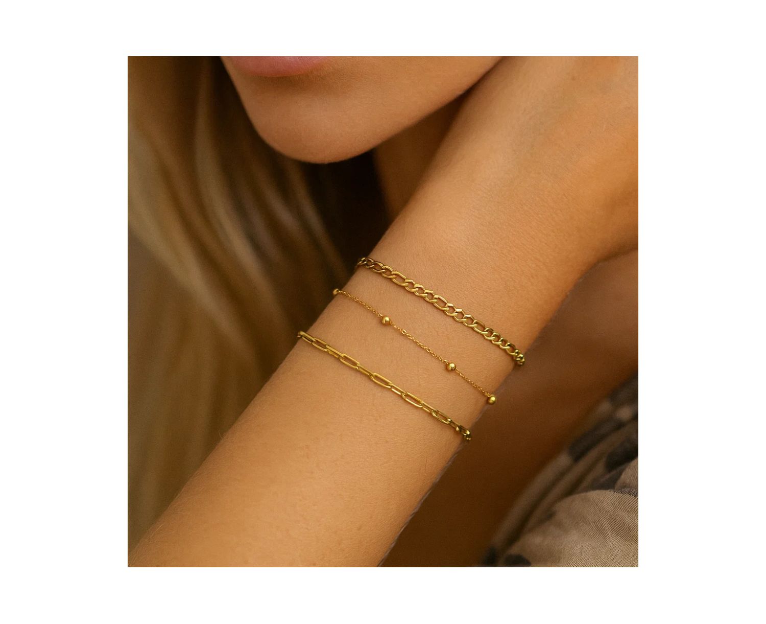 Adriana 3-Piece Stackable Bracelet Trio Set, Beaded, Figaro, Paperclip Link