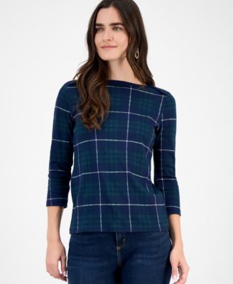 Women's Plaid Pima Cotton 3/4 Sleeve Boat-Neck Top