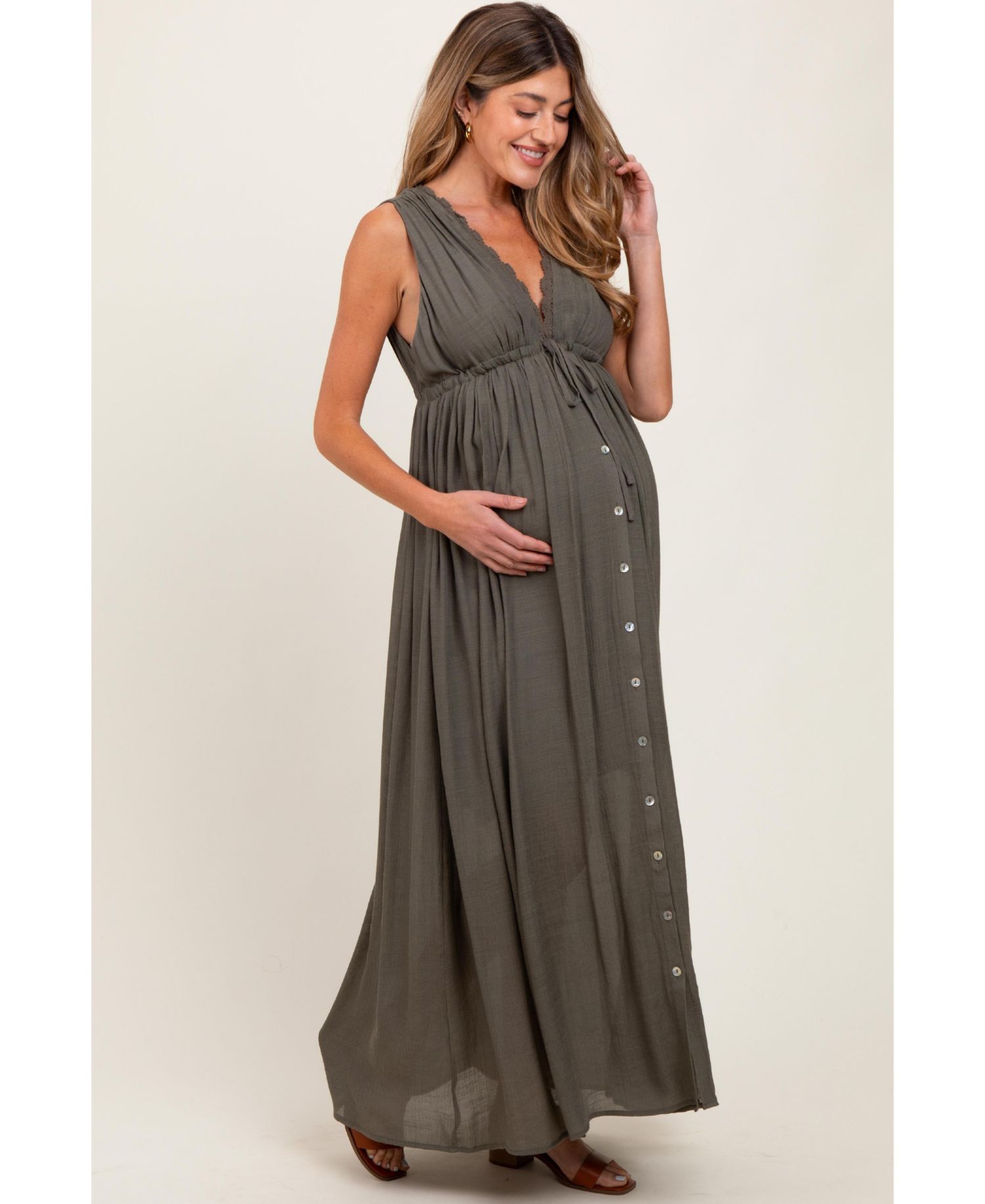 Women's Olive Deep V-Neck Sleeveless Button Down Maxi Dress