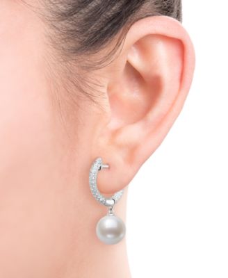 Cultured Freshwater Pearl (10-11mm) and Lab Created Sapphire Drop Earrings in Sterling Silver