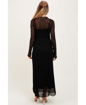 Maternity White Lace Mock Neck Long Sleeve Maxi Dress