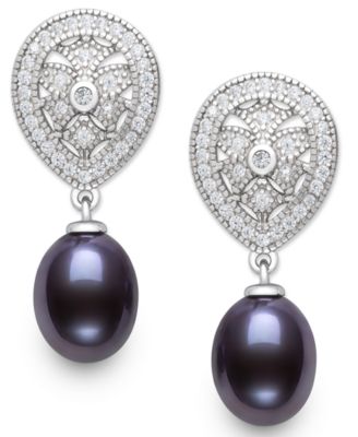 Cultured Freshwater Peacock Black Pearl (8-9mm) and Lab Created Sapphire Drop Earrings in Sterling Silver