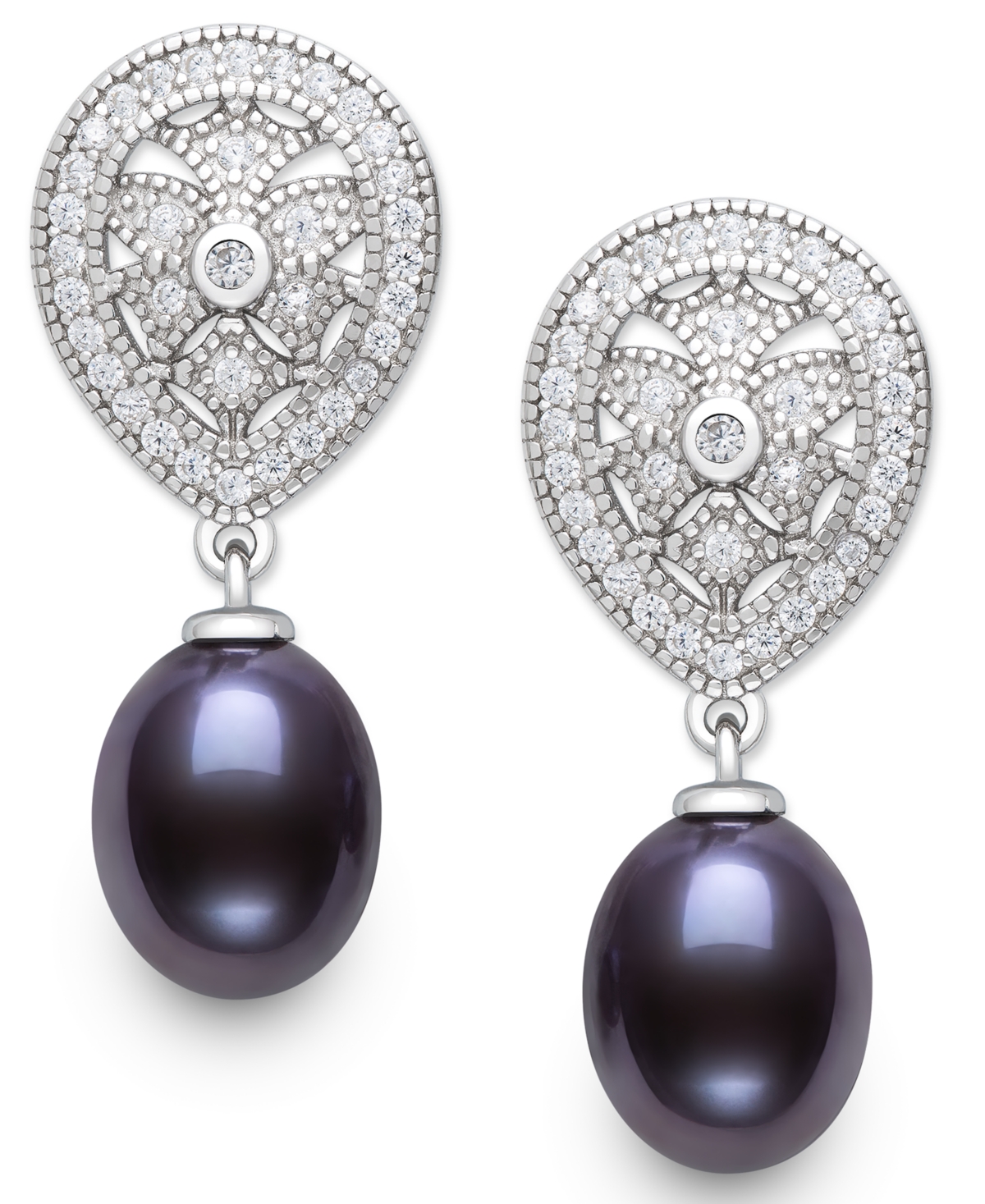 Belle De Mer Cultured Freshwater Peacock Black Pearl (8-9mm) And Lab Created Sapphire Drop Earrings In Sterling S In Black
