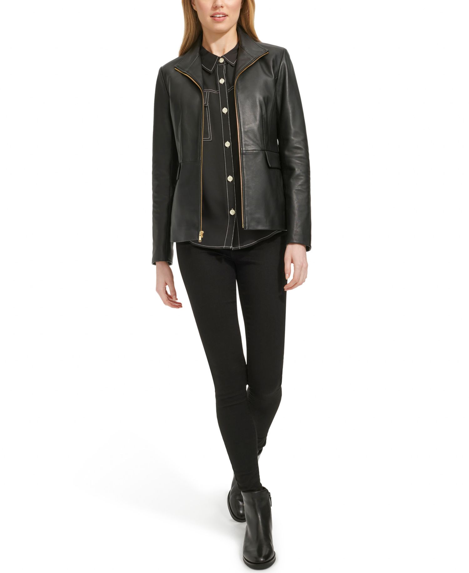 Petite Wing-Collar Leather Jacket