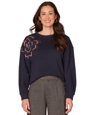 Democracy - Petite Embellished Floral Crew Neck Sweatshirt