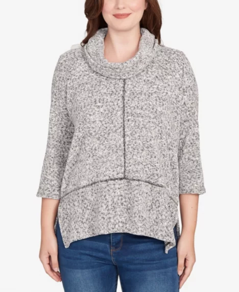 Petite Cowl Neck Space Dye Chenille Knit Top - Black Multi