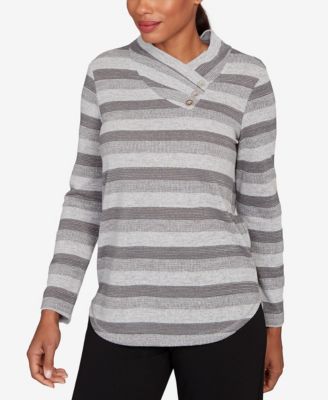Petite Metallic Stripe Button Accent Knit Top