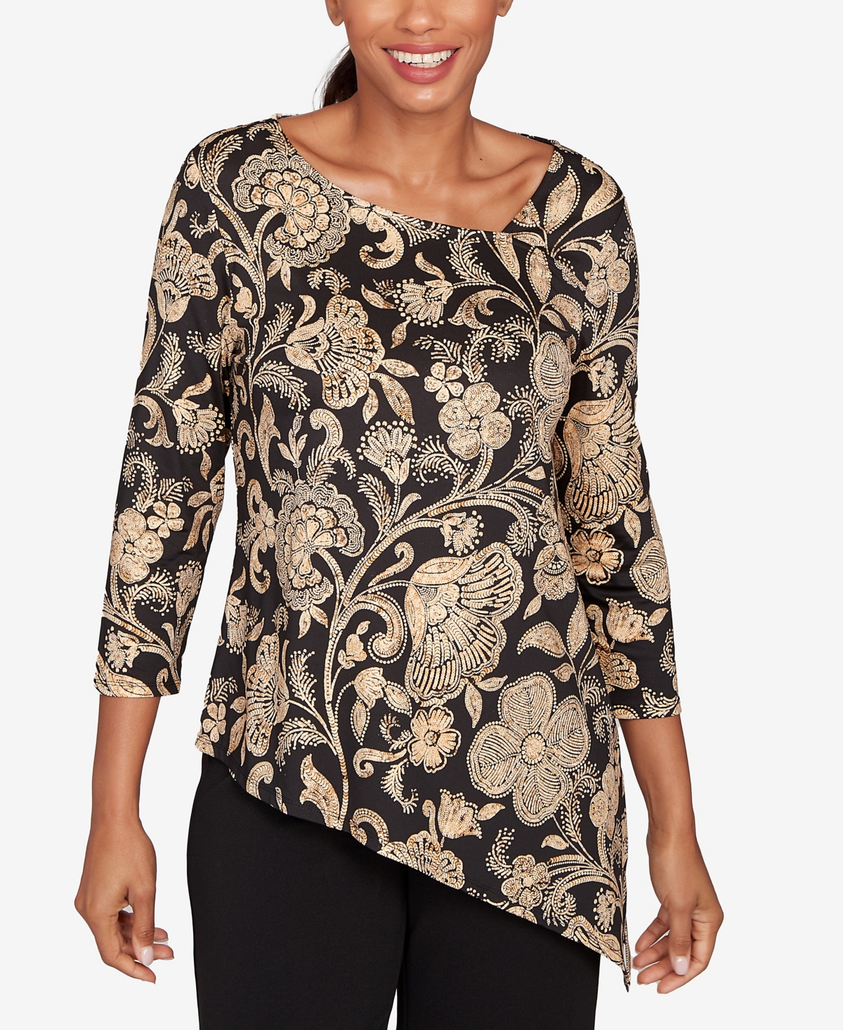 Ruby Rd. Petite Gold Foil Floral Printed Knit Top In Multi
