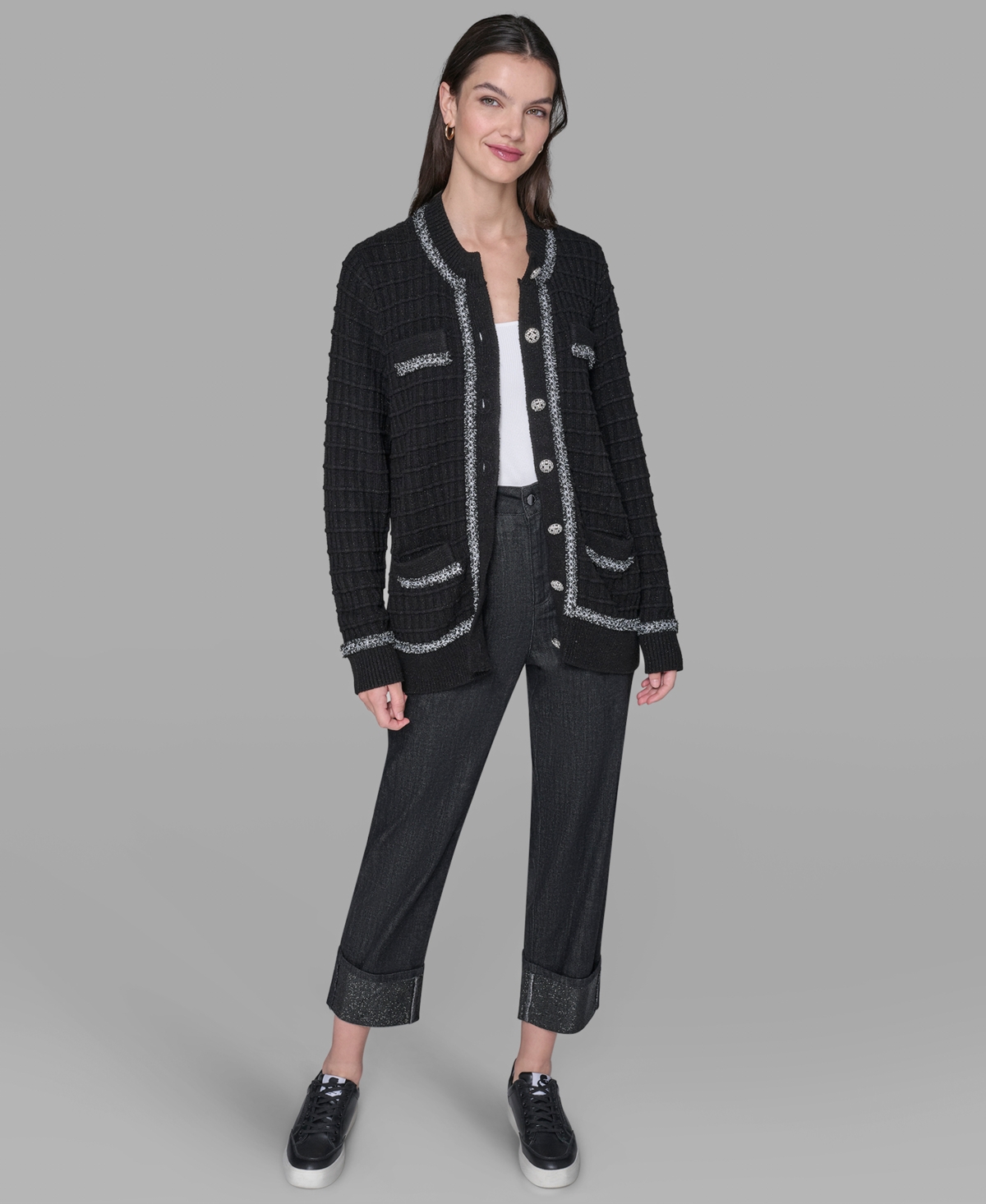 Karl Lagerfeld Paris Petite 4-Pocket Crewneck Cardigan Sweater