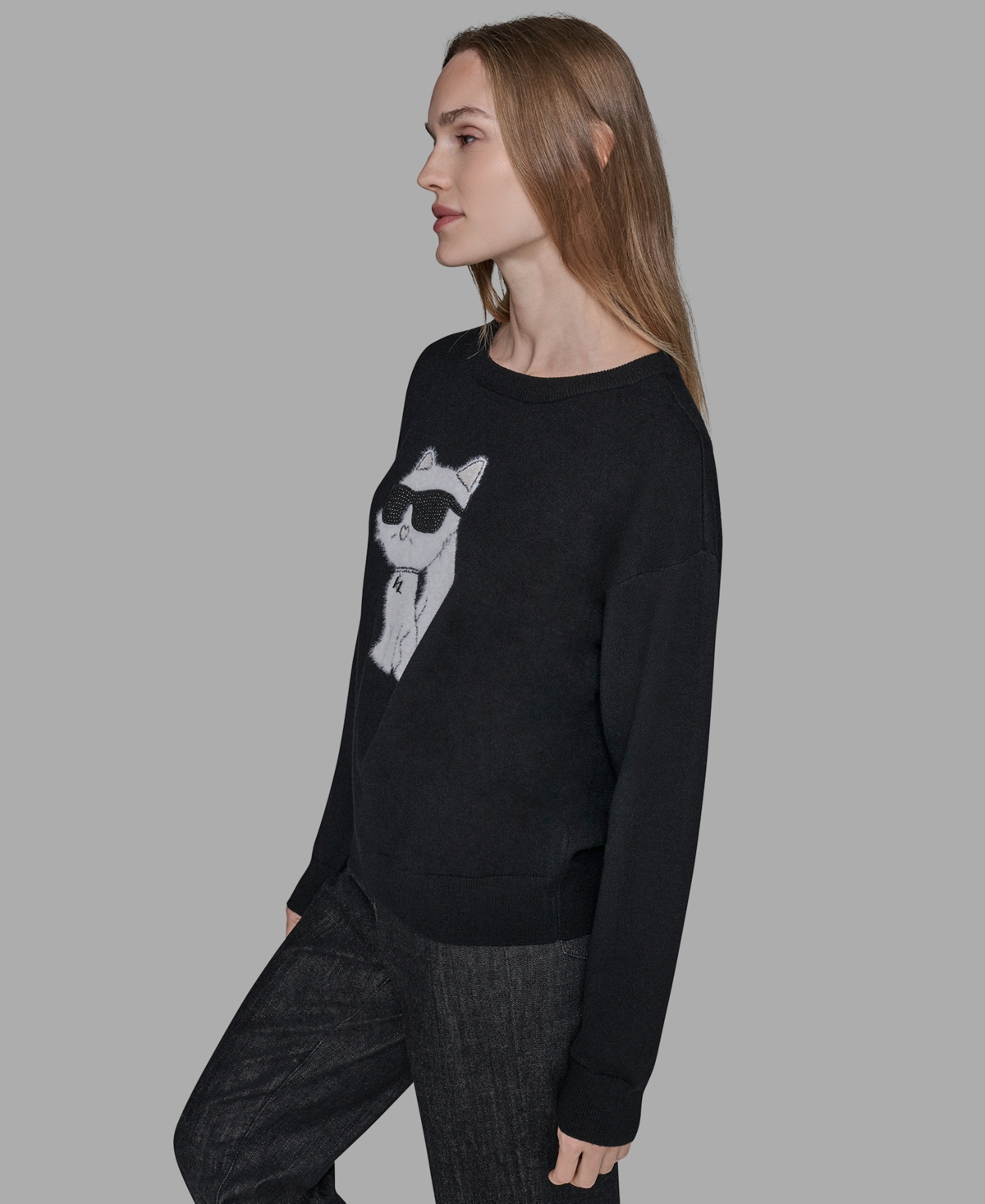 Karl Lagerfeld Paris Petite Choupette with Sunglasses Printed Long Sleeves Sweater