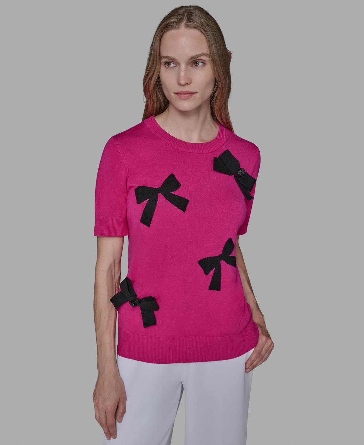 Karl Lagerfeld Paris Petite Bow Short Sleeve Sweater