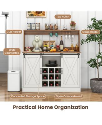 Farmhouse Coffee Bar Cabinet with Charging Station and Sliding Barn Doors