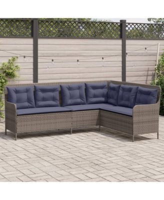Patio Sofa Gray Poly Rattan, Powder-Coated Steel L-Shaped, 5-seater