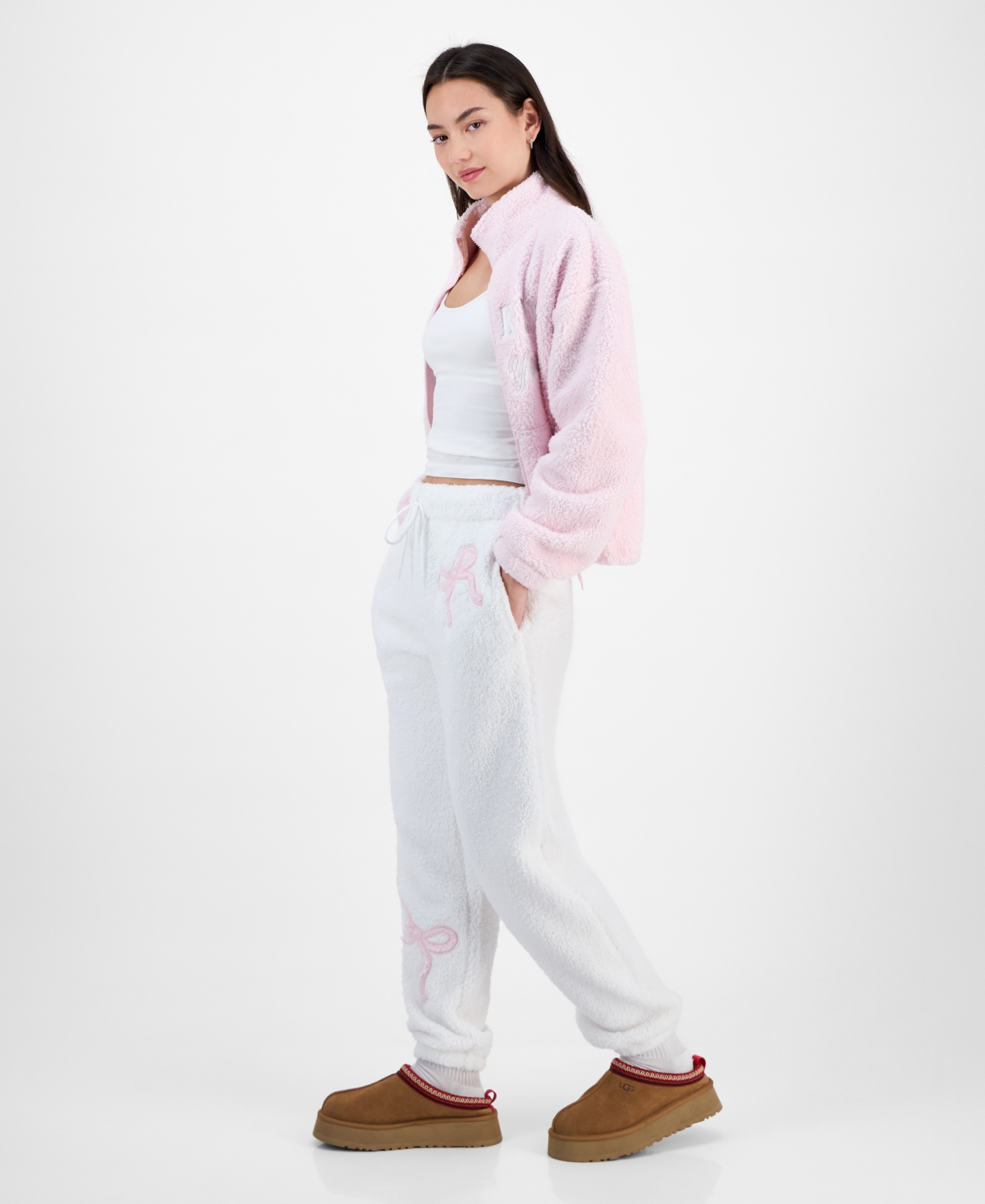 Madden Girl Juniors' Sherpa Fleece Bow Jogger Pants In White
