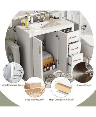 36inch Bathroom Vanity with Ceramic Sink Combo Solid Wood Frame Bathroom Storage Cabinet Freestanding Vanity Set with 3 Drawers Soft Closing Doors