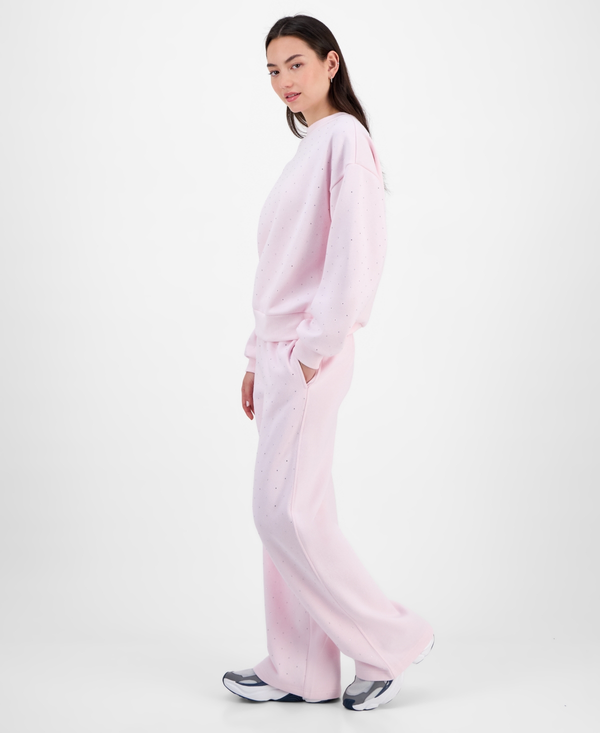 Madden Girl Juniors' Rhinestone-front Wide-leg Sweatpants In Pink