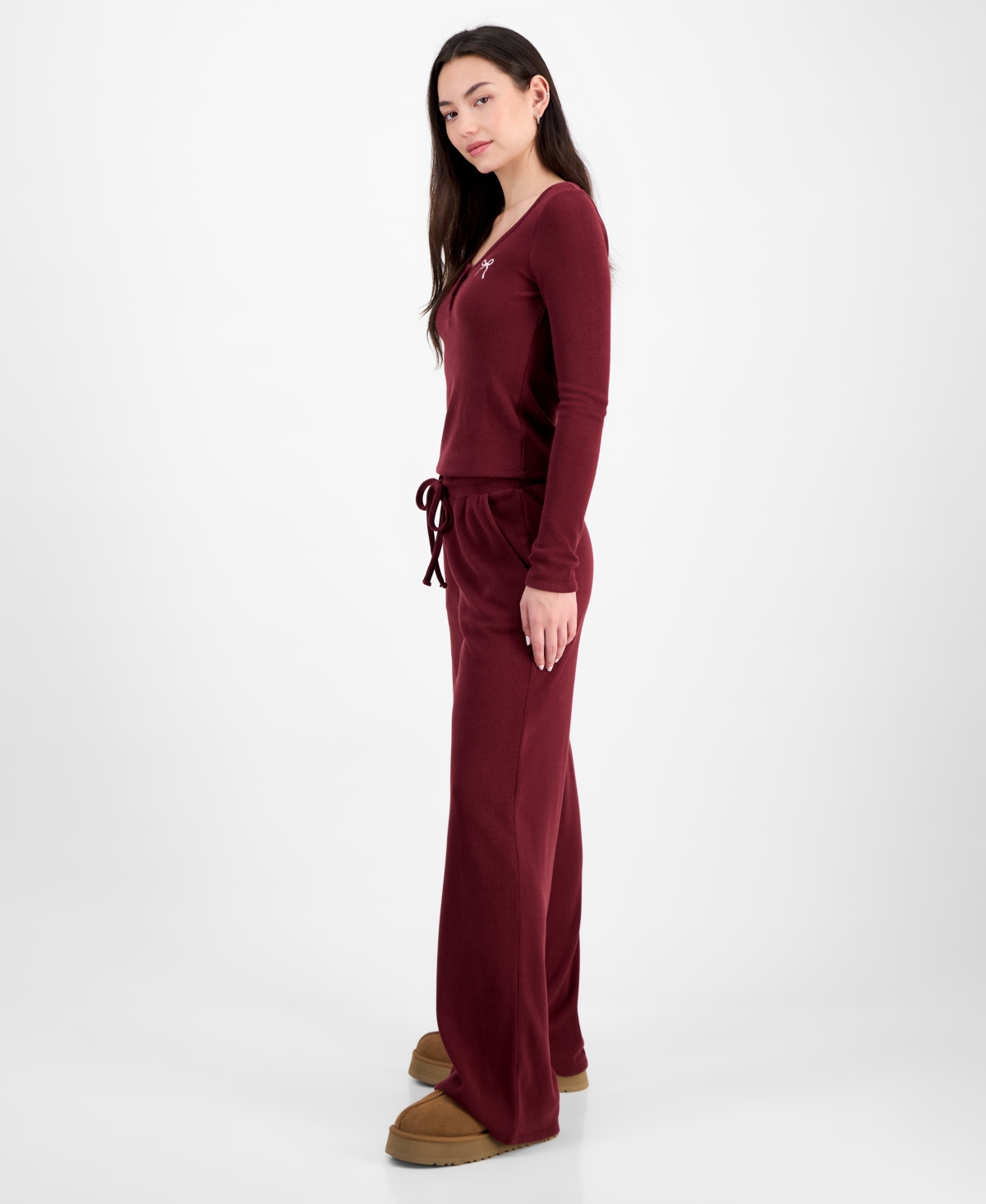 Madden Girl Juniors' Hacci-knit Wide-leg Sweatpants In Burgundy
