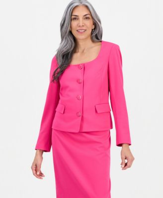 Women's Square-Neck Button-Front Skirt Suit, Regular & Petites