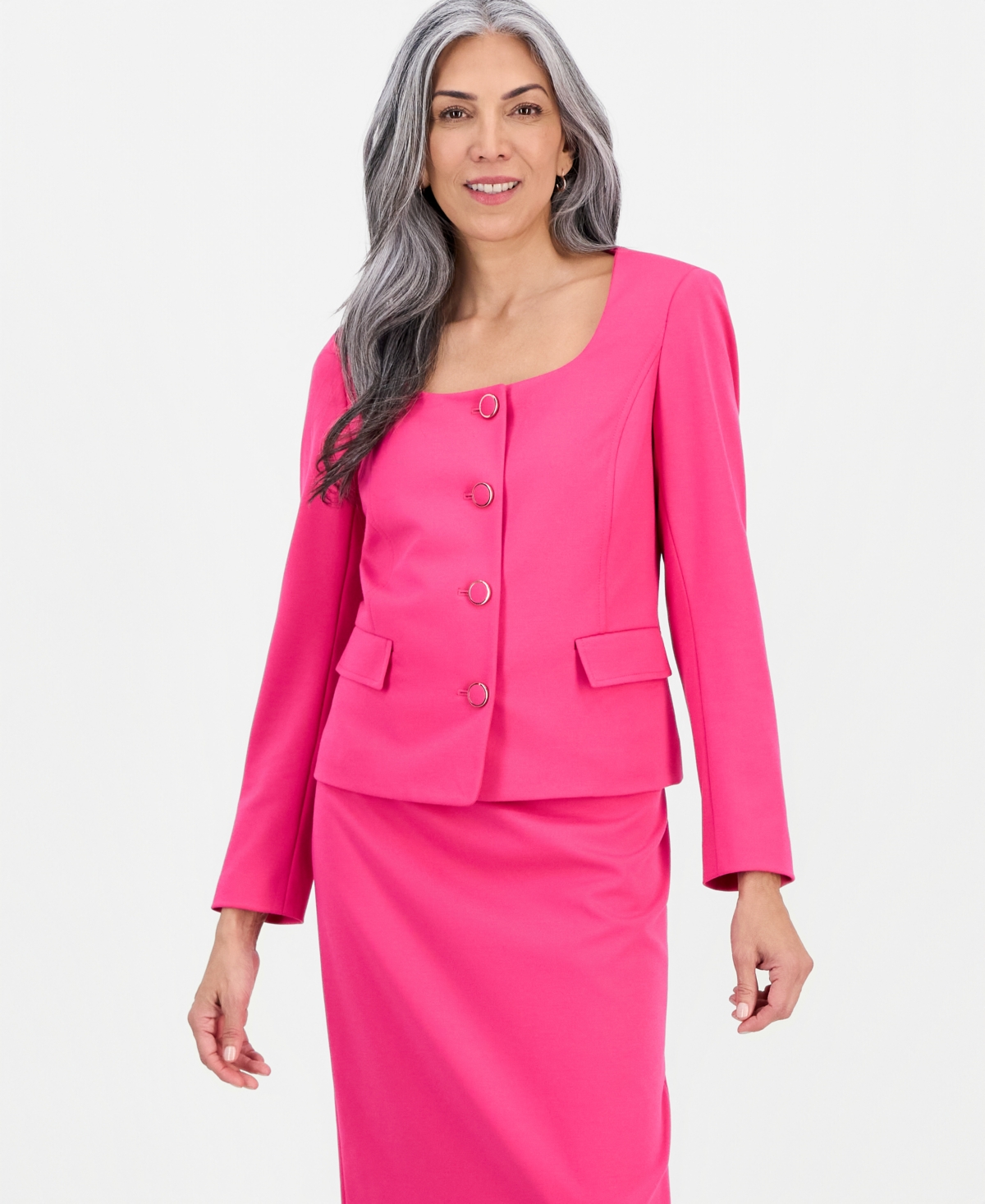 Le Suit Women's Square-neck Button-front Skirt Suit In Pink