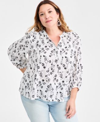 Style & Co - Plus Size Printed Split-Neck Popover Top
