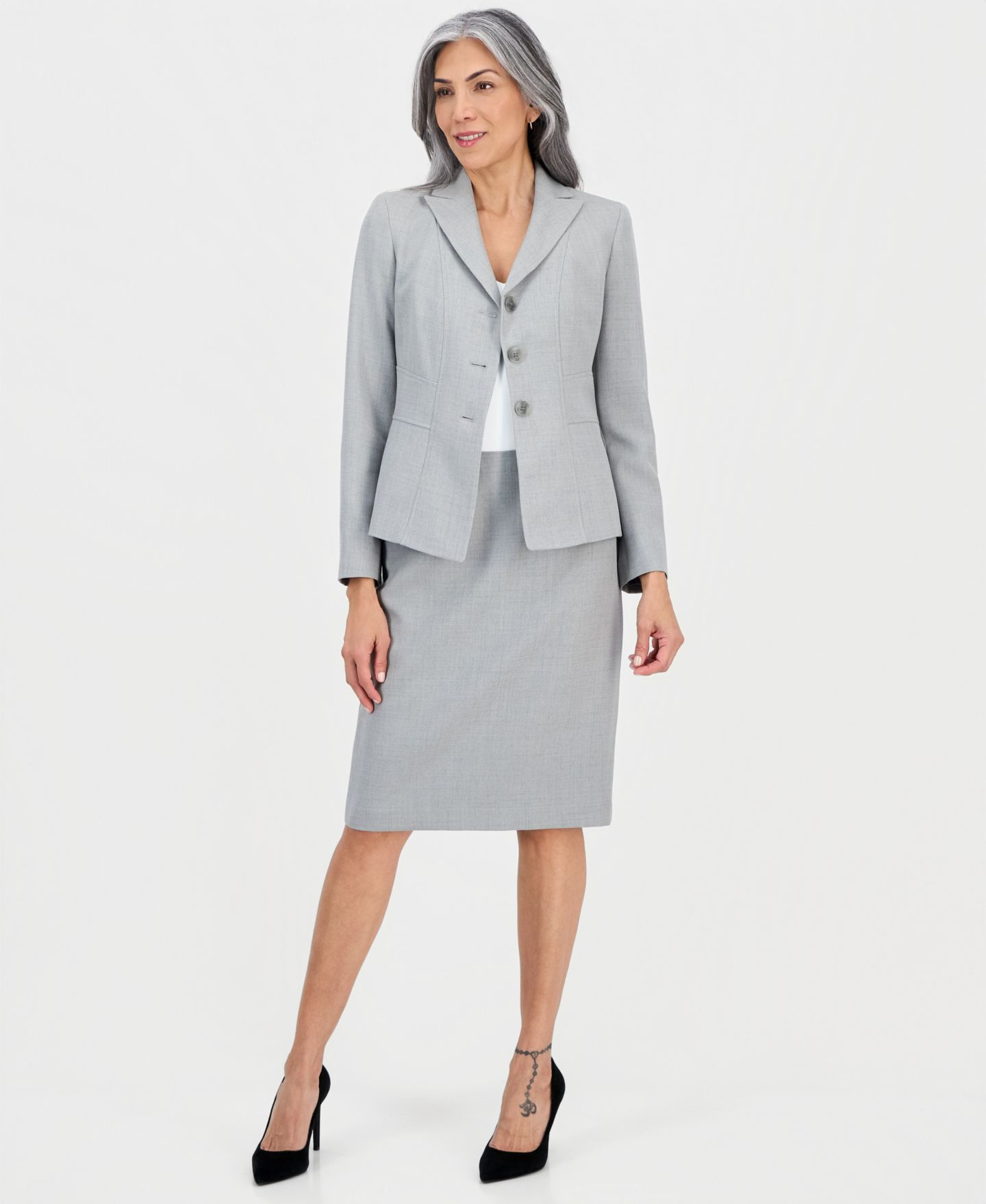Женские юбки Le Suit Petite Peak-Lapel Slim-Fit 2 Piece Skirt Suit, цвет: Серый разноцветный — фото 1