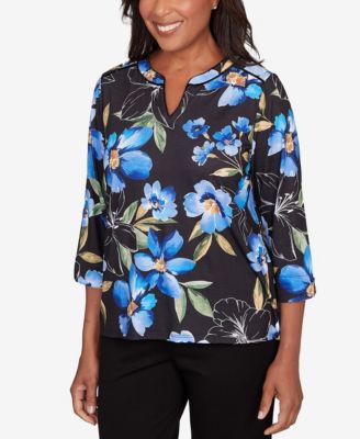 Petite Barcelona Watercolor Floral Velvet Trim Top