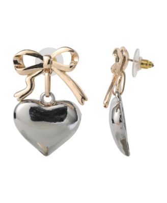 Silver Heart Drop Earrings with Gold Bow Accent