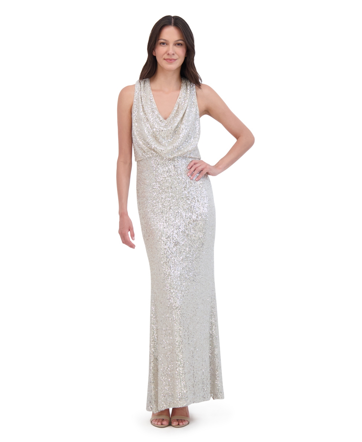 Eliza J Petite Sleeveless Cowl Neck Sequin Long Gown In White