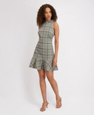 Women's Mock Neck Sleeveless Plaid Woven Dress
