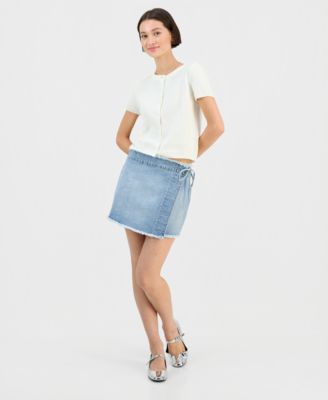 Juniors' Embellished Denim Wrap Skirt