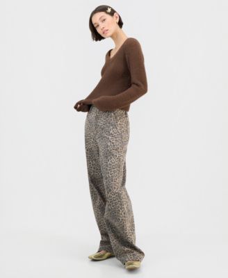 Juniors' Leopard-Print Wide-Leg Jeans 