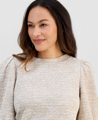 Petite 3/4-Balloon-Sleeve Boucl&eacute; Top