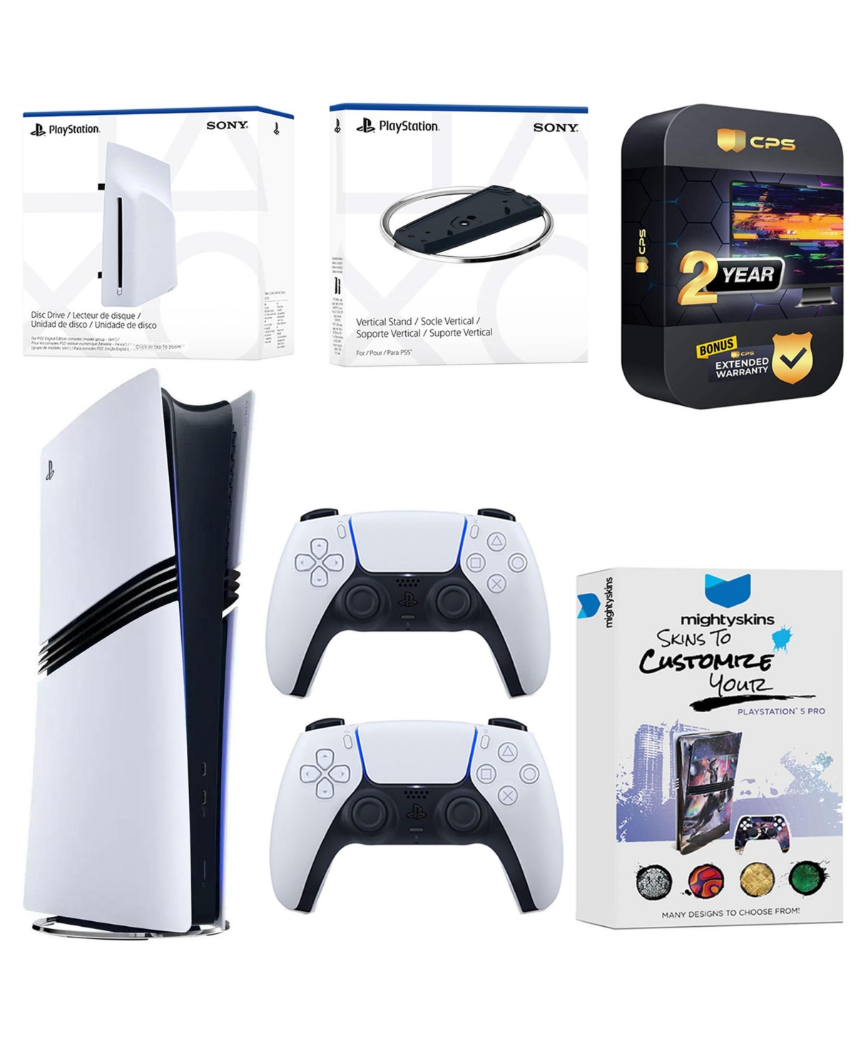 Sony PlayStation 5 Pro Digital Bundle with Disc Drive, Extra Controller, Vertical Stand, MightySkins Voucher and 2 Year Extended Warranty - White