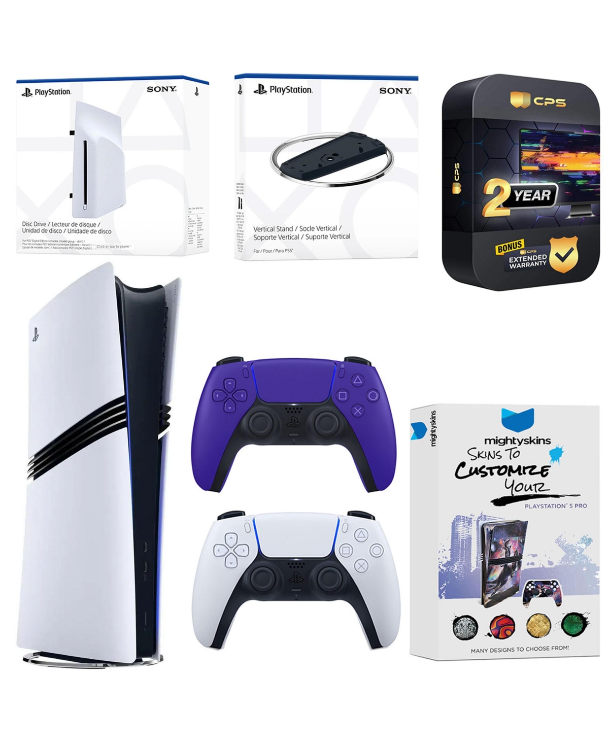 Sony PlayStation 5 Pro Digital Bundle with Disc Drive, Extra Controller, Vertical Stand, MightySkins Voucher and 2 Year Extended Warranty - Galactic p
