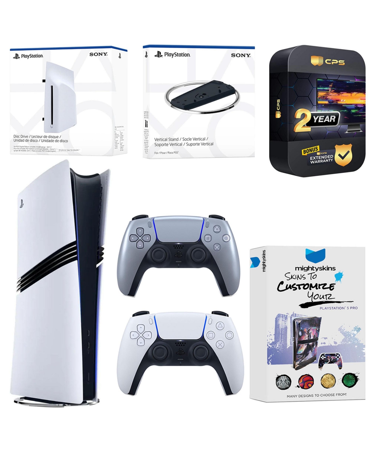Sony PlayStation 5 Pro Digital Bundle with Disc Drive, Extra Controller, Vertical Stand, MightySkins Voucher and 2 Year Extended Warranty - Sterling s