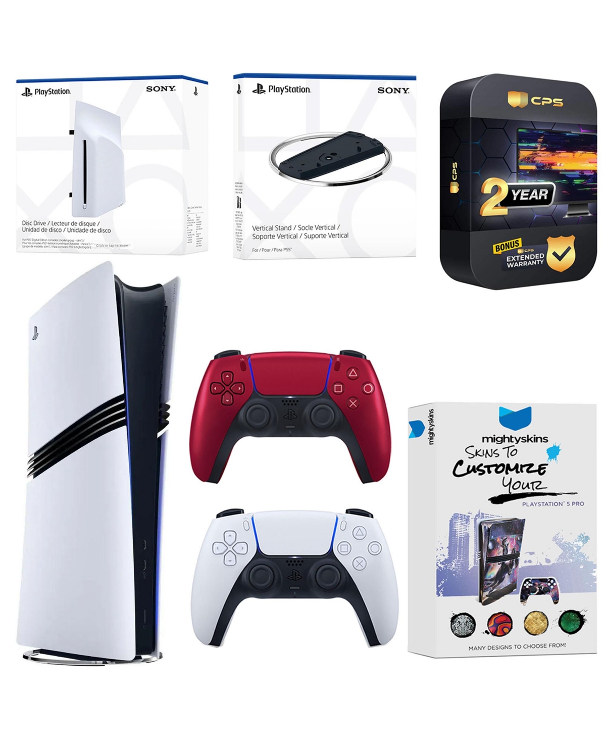 Sony PlayStation 5 Pro Digital Bundle with Disc Drive, Extra Controller, Vertical Stand, MightySkins Voucher and 2 Year Extended Warranty - Volcanic r