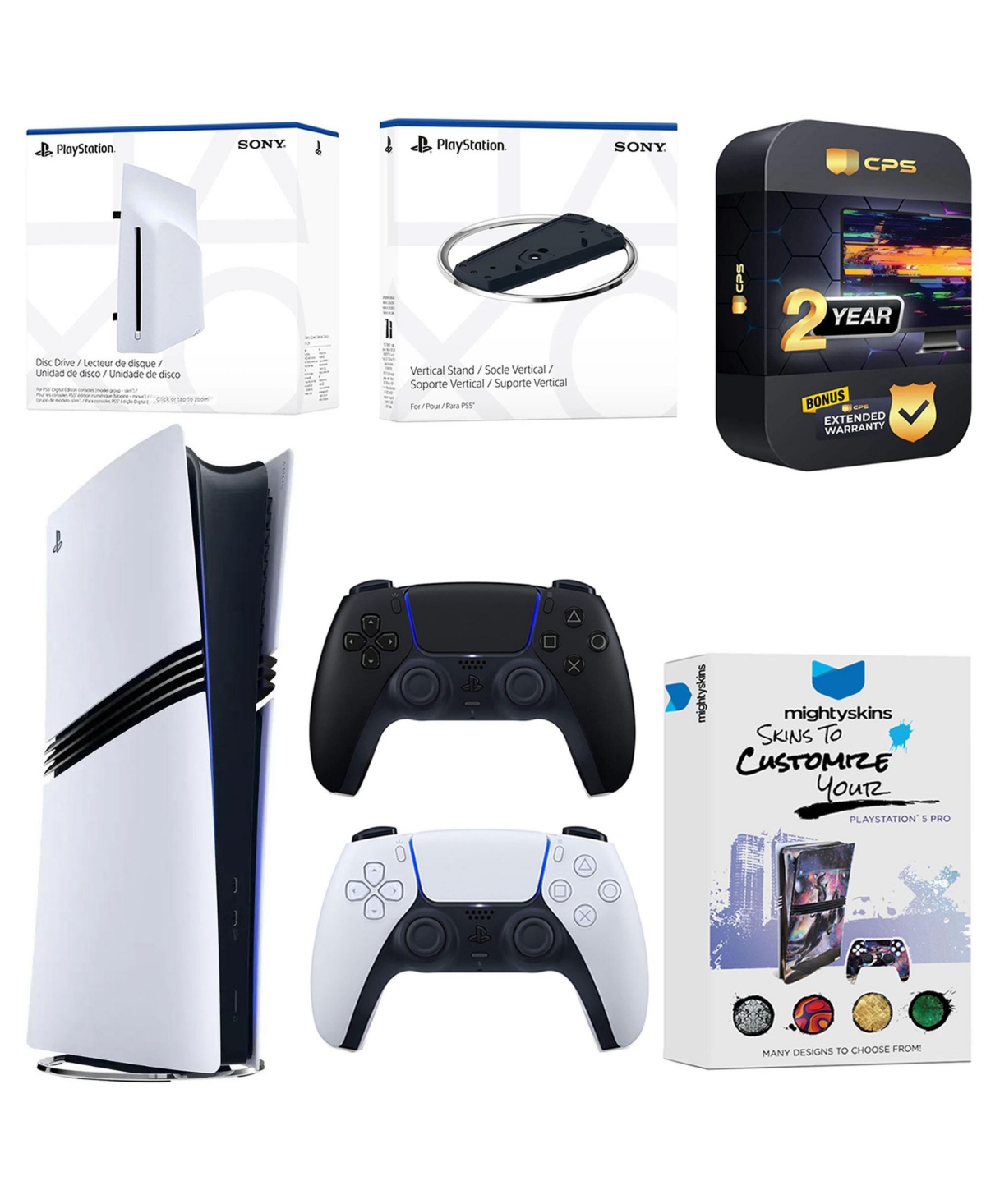 Sony PlayStation 5 Pro Digital Bundle with Disc Drive, Extra Controller, Vertical Stand, MightySkins Voucher and 2 Year Extended Warranty