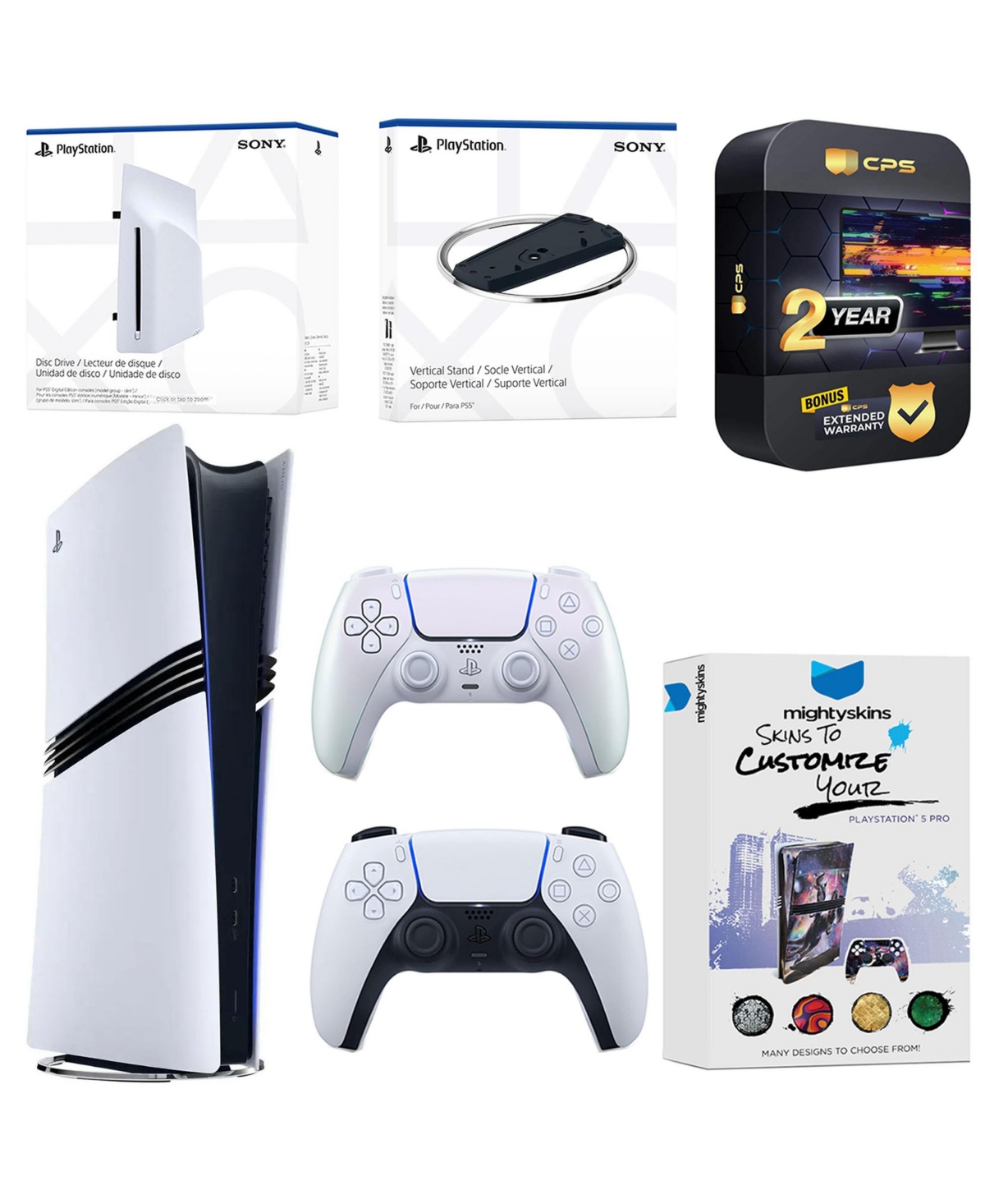 Sony PlayStation 5 Pro Digital Bundle with Disc Drive, Extra Controller, Vertical Stand, MightySkins Voucher and 2 Year Extended Warranty - Chroma pea